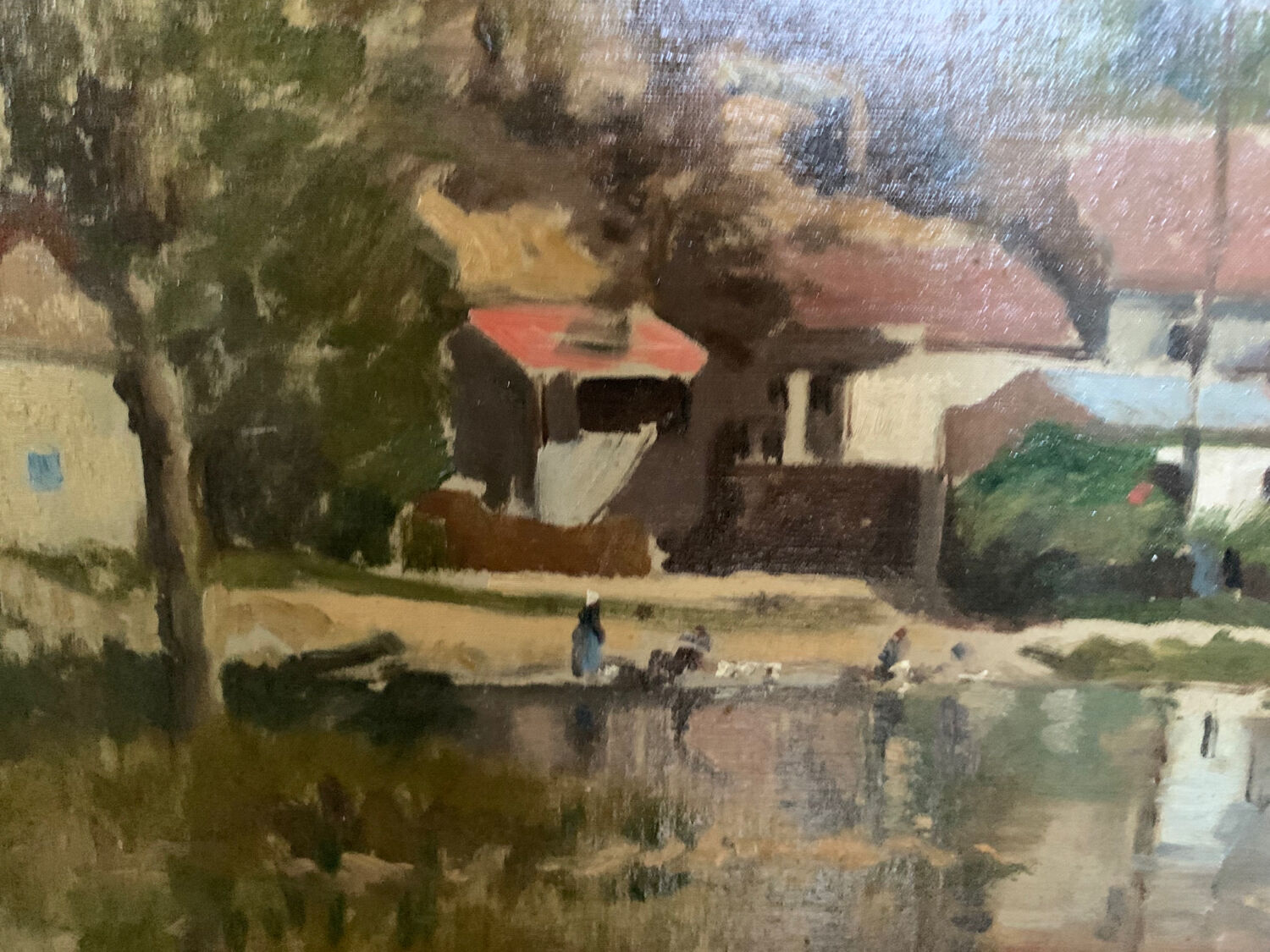 Oil on canvas landscape painting washerwomen, signed