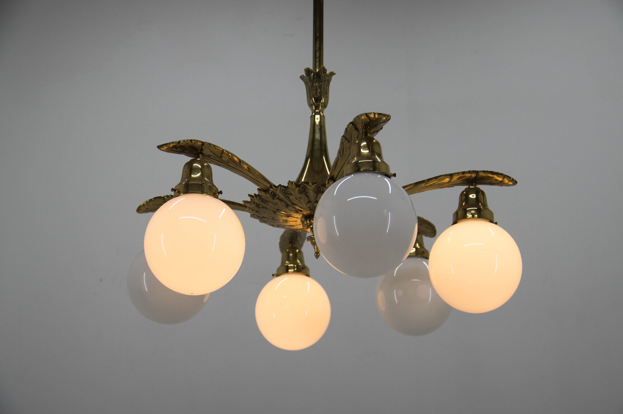 Art nouveau brass and glass chandelier