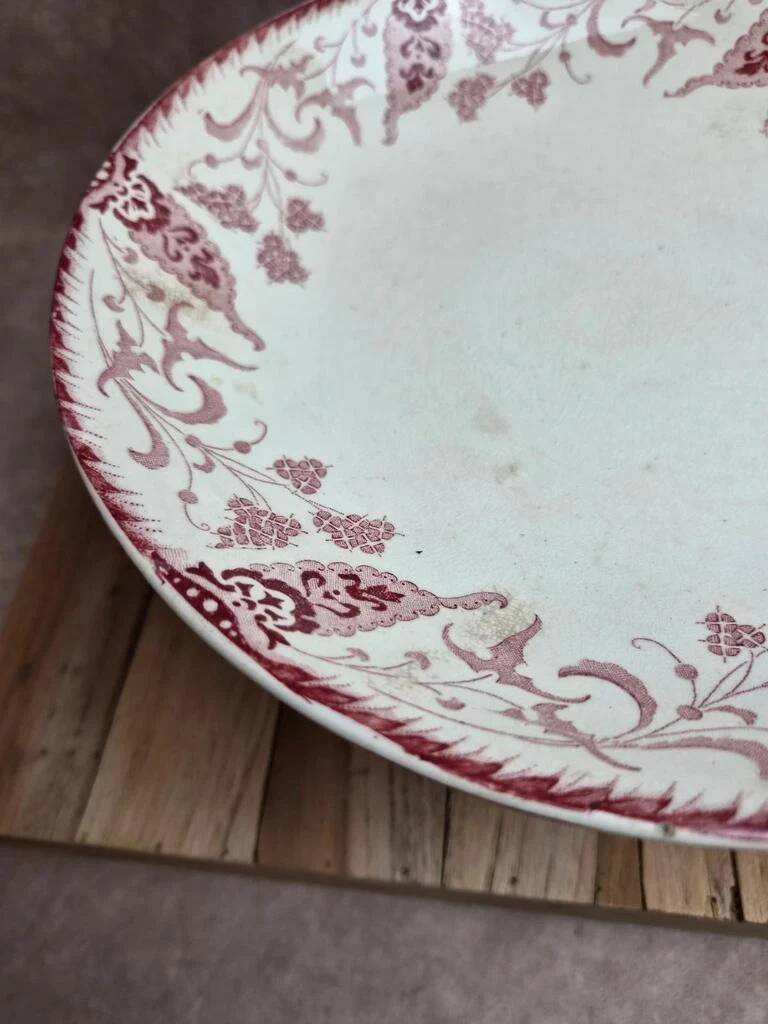 Antique compote dish Terre de fer Longwy Rambouillet model – burgundy decoration