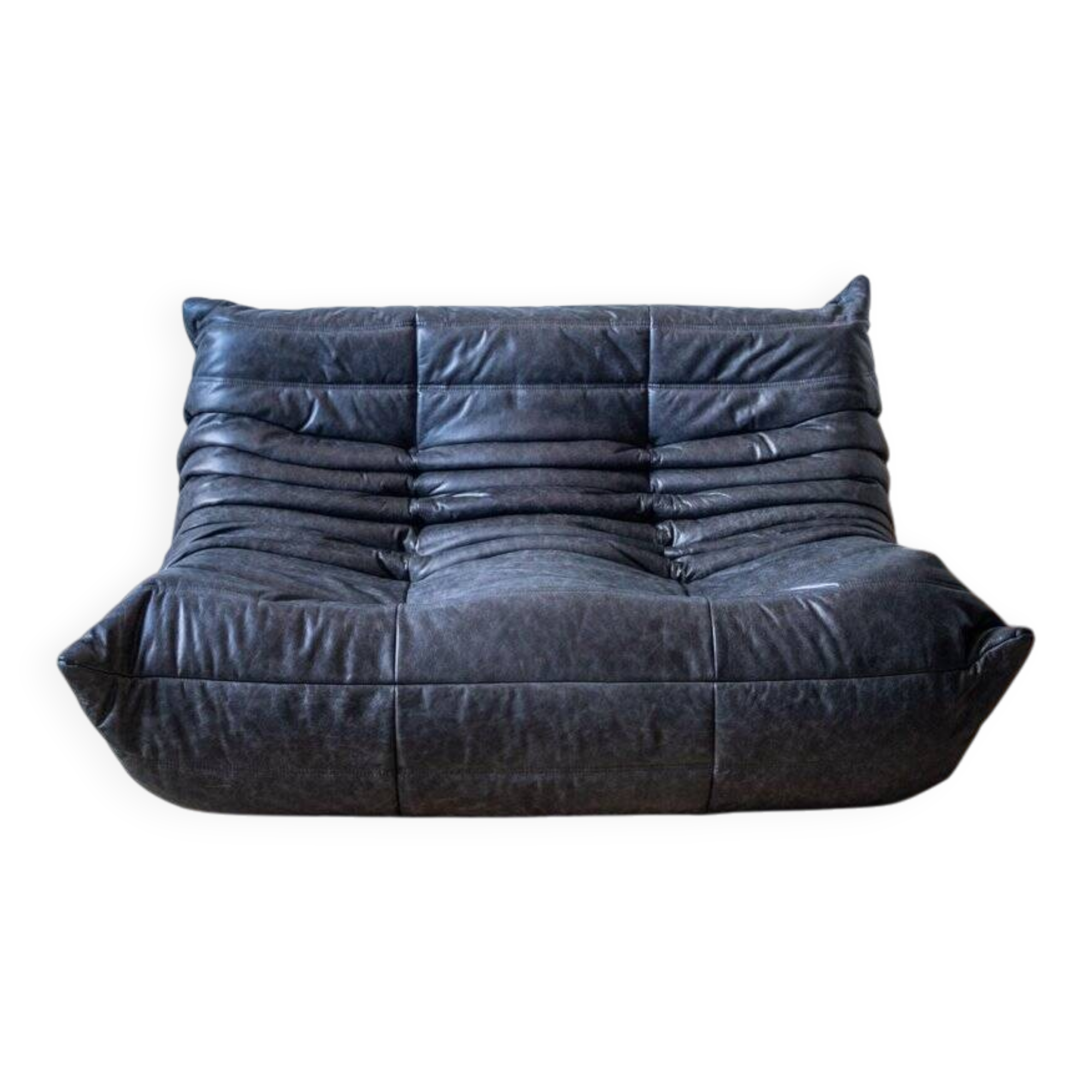 Black leather 3-seat Togo sofa attributed to Michel Ducaroy for Ligne Roset