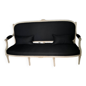 Louis XVI style bench with patina in navy fabric, 19th century