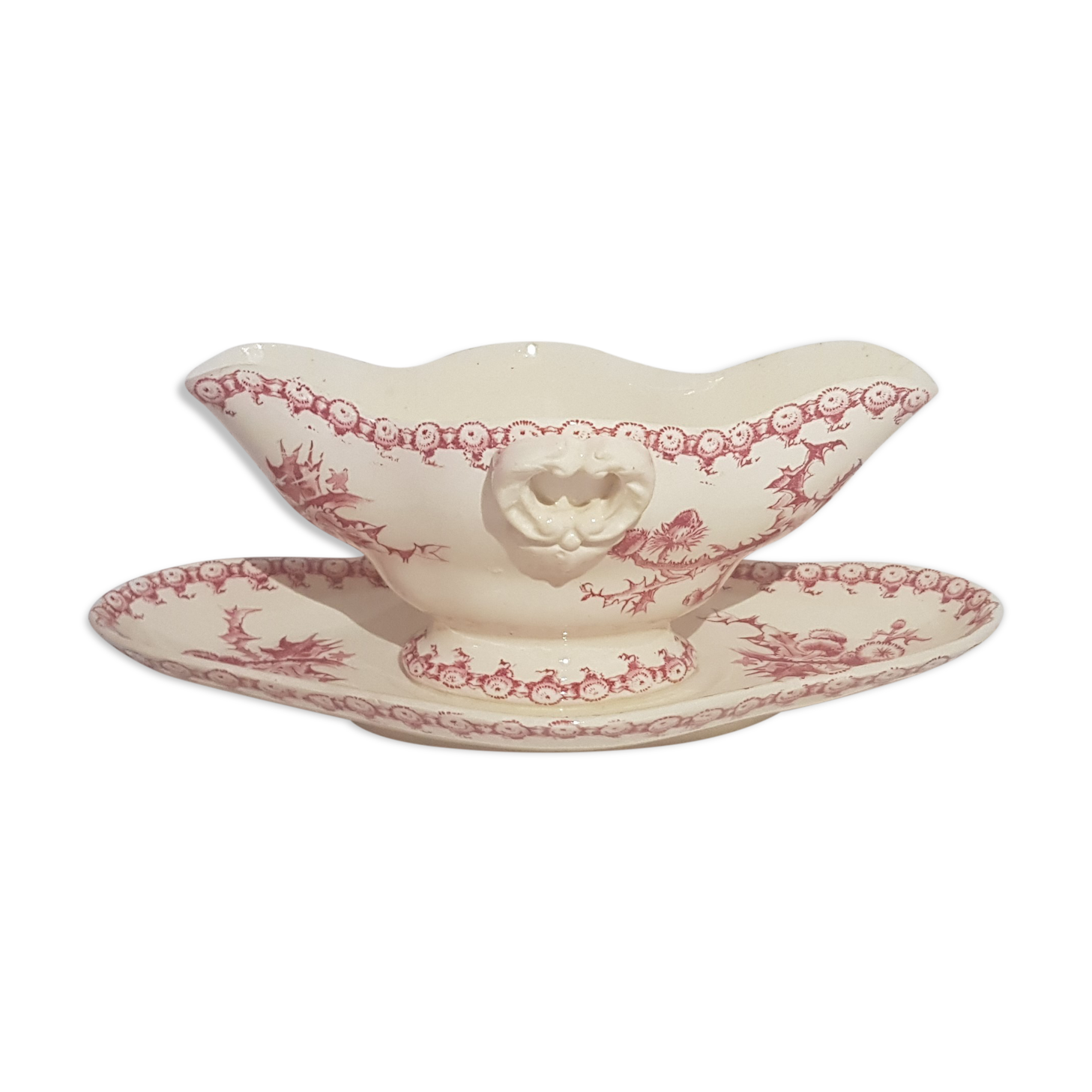 Saucière in opaque porcelain of Gien model thistles, iron earth.