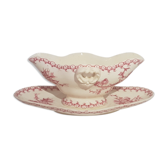 Saucière en porcelaine opaque de Gien modèle chardons, terre de fer.