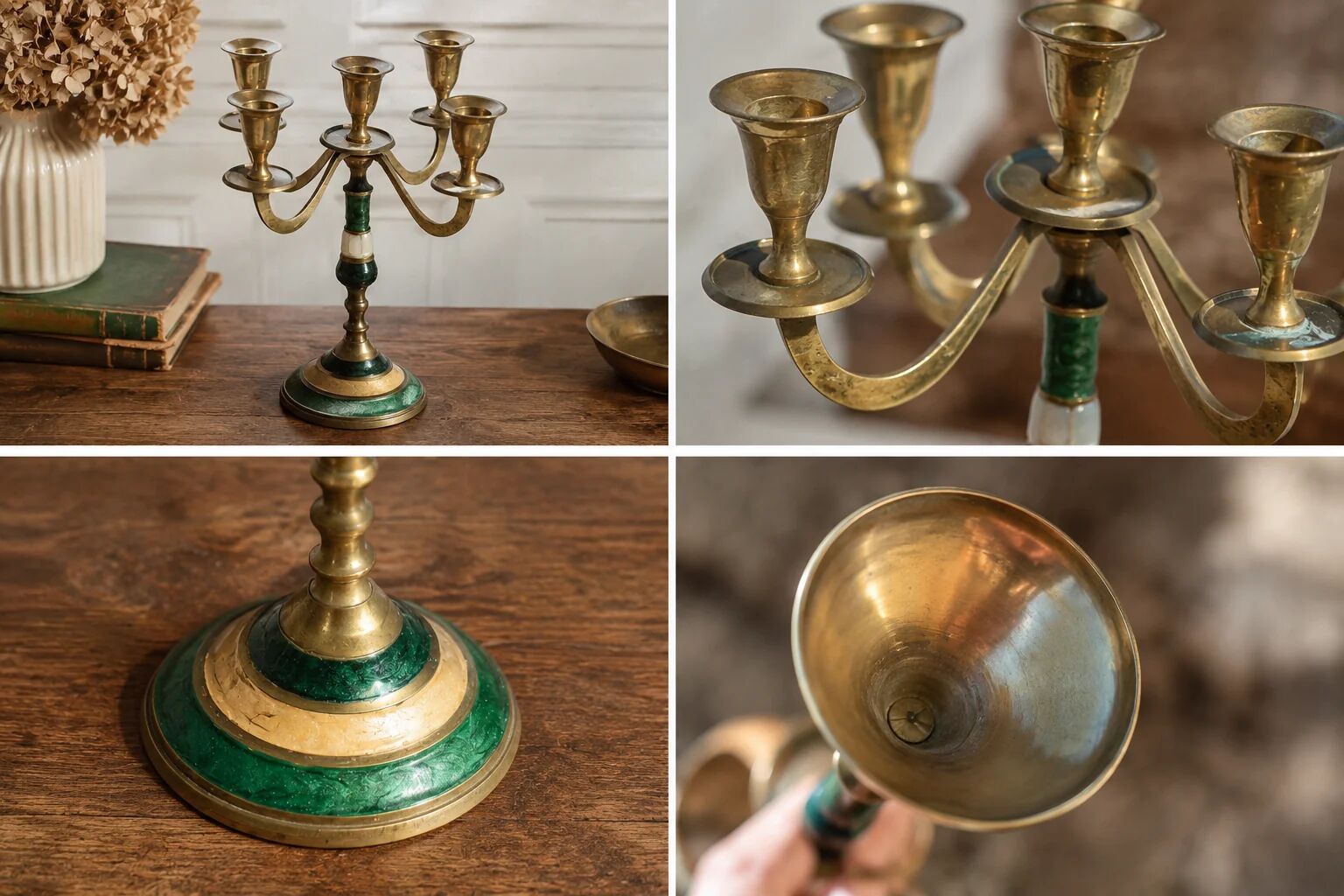 Vintage 5-light candelabrum in brass – Green and white decor