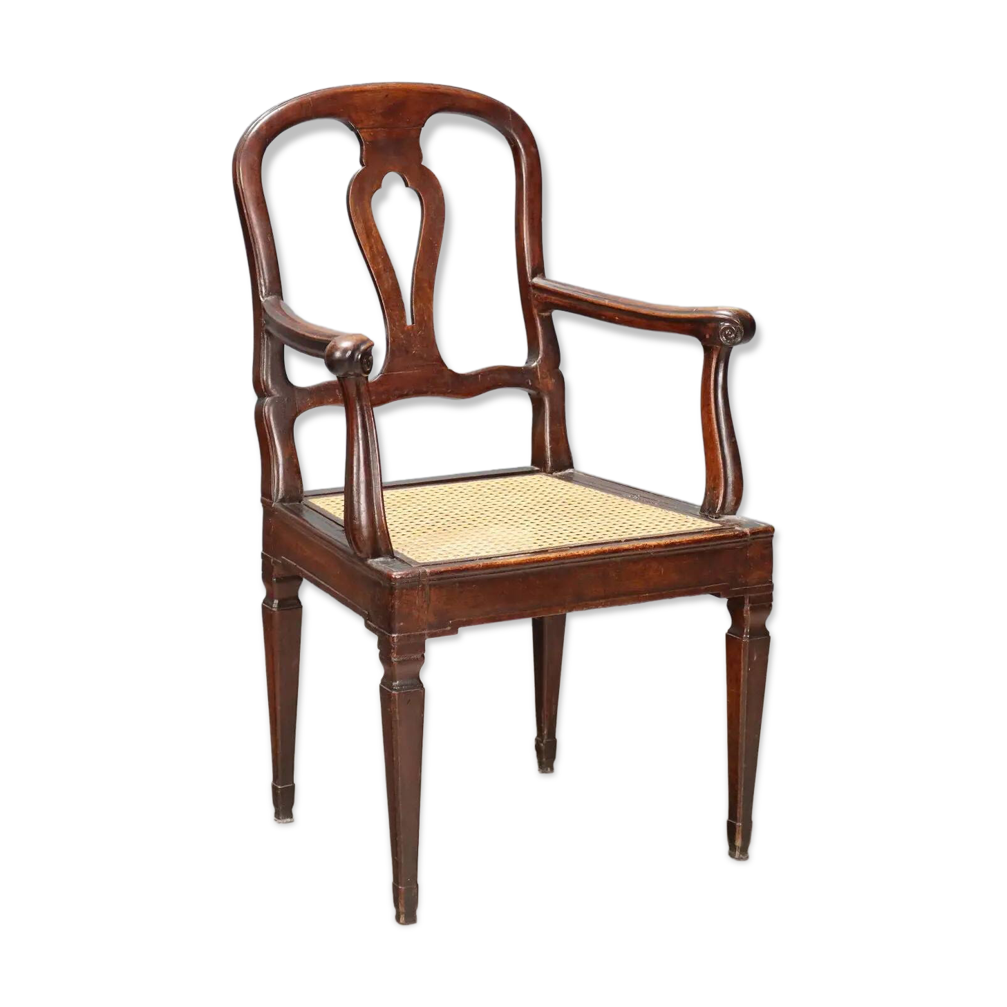 Antique walnut armchair with caned seat, Italy, 18th century