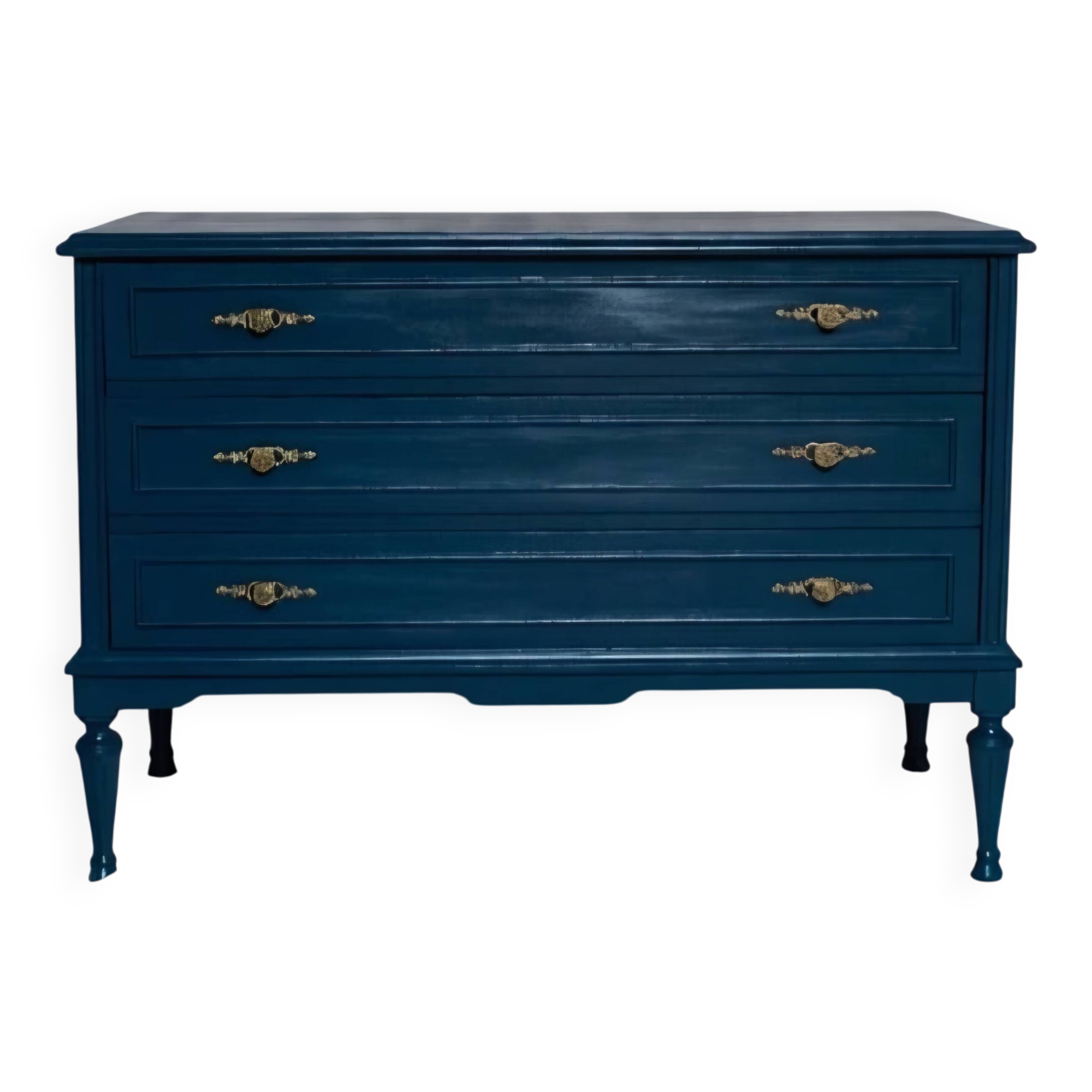 Commode vintage restaurée en bleu marine, style Louis XVI.