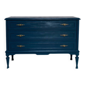 Restored vintage chest of drawers in navy blue, Louis XVI style.