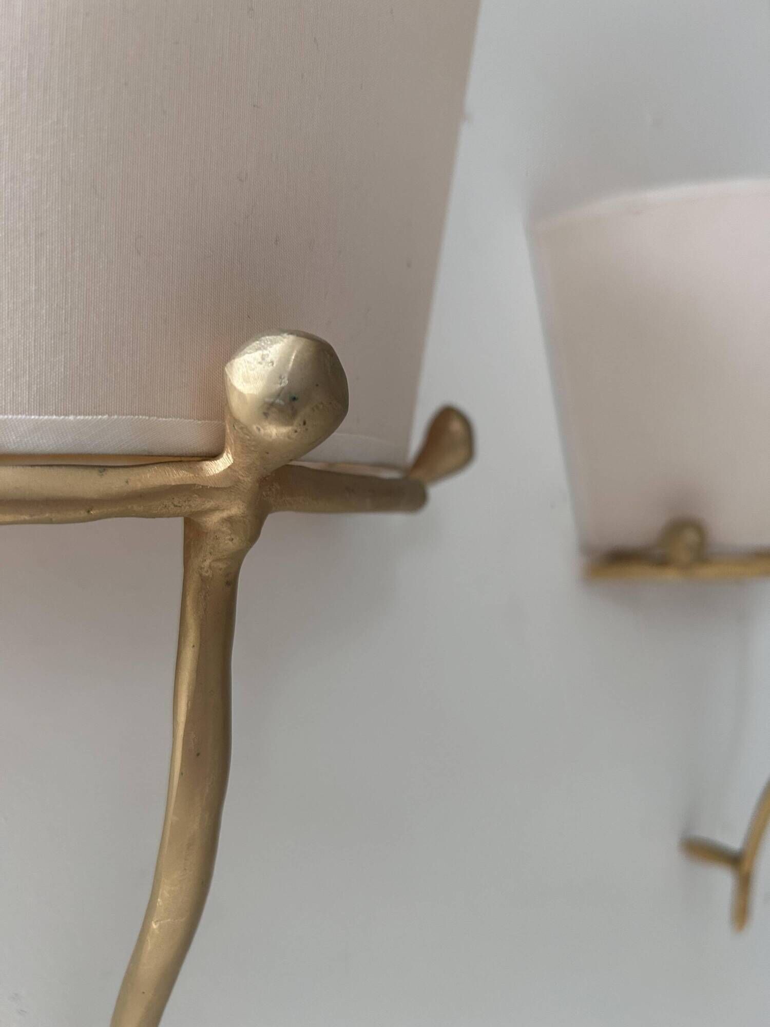 Pair of vintage wall lights, solid brass and ecru fabric, France 1980