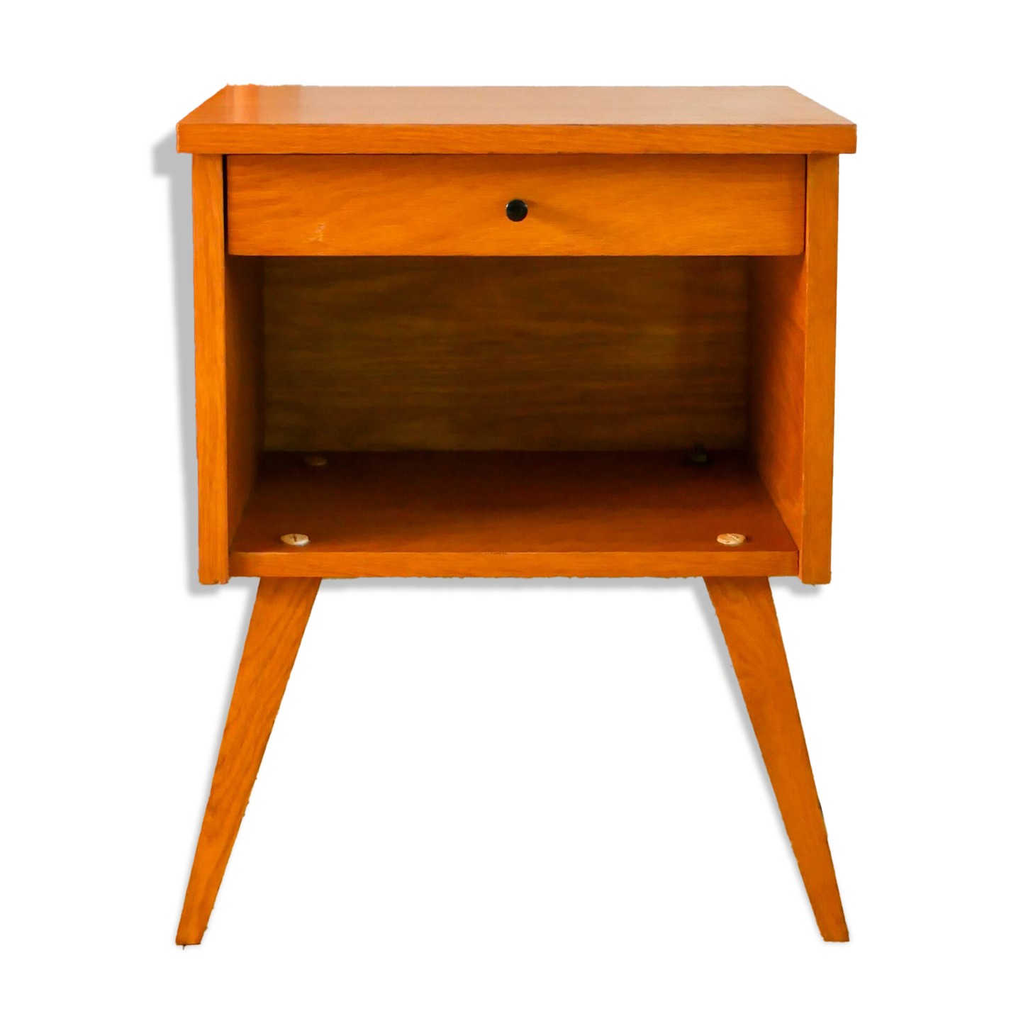 Scandinavian bedside table in teak veneer, with tapered legs and a drawer, 1960.