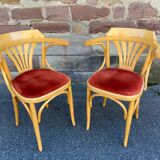 Pair of vintage 80s thonet Baumann style curved wood restaurant armchairs