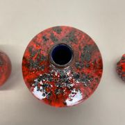 Set of 3 Red Black Ceramic Studio Pottery Vase Objects Otto Keramik Germany 1970