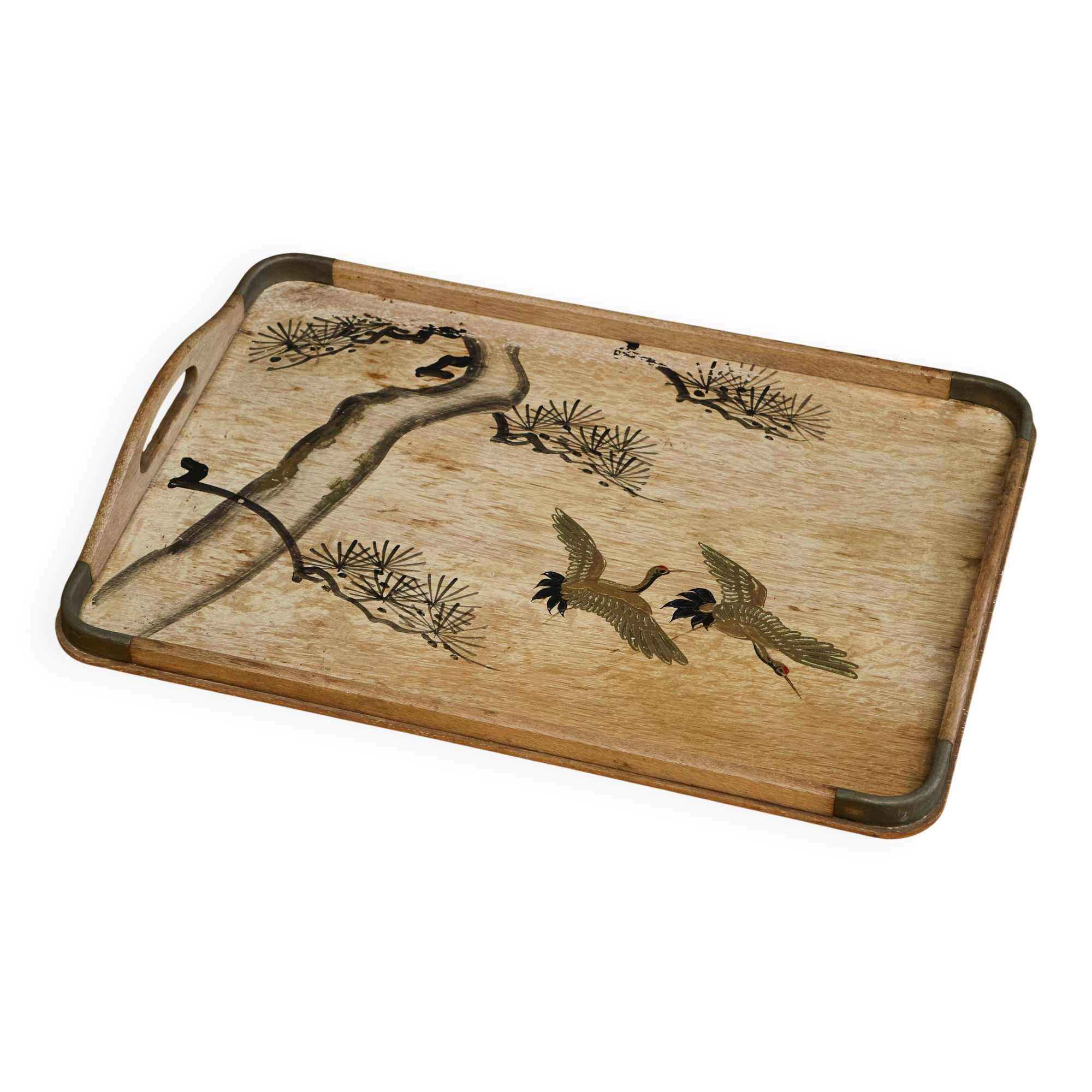 Art Deco wooden and brass plateau with birds and foliage, 1940s