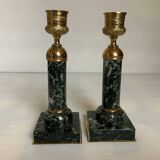 Pair of green marble and brass column candlesticks