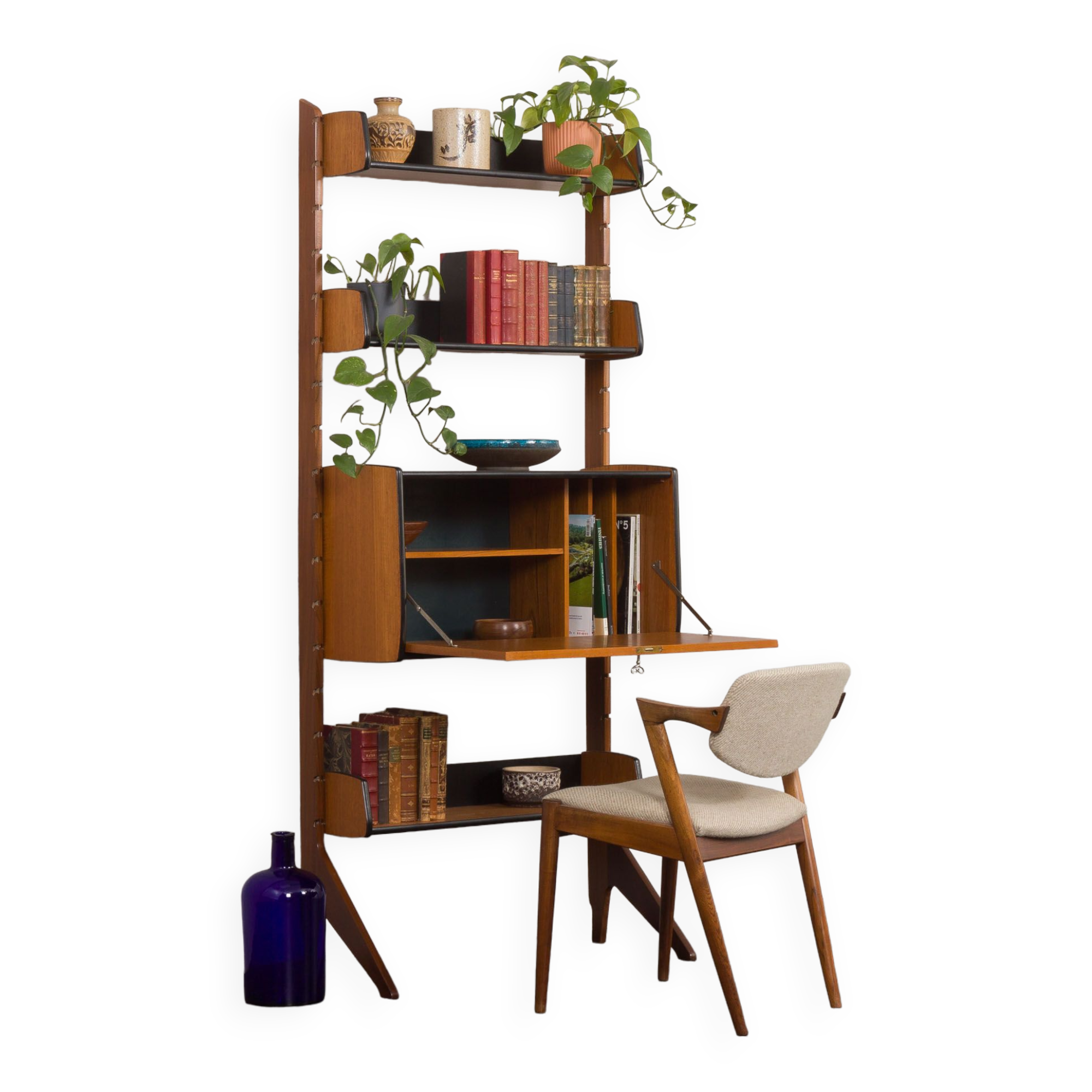 Scandinavian free standing vertical bookcase with a secrtetaire or home office wall unit model Ergo,