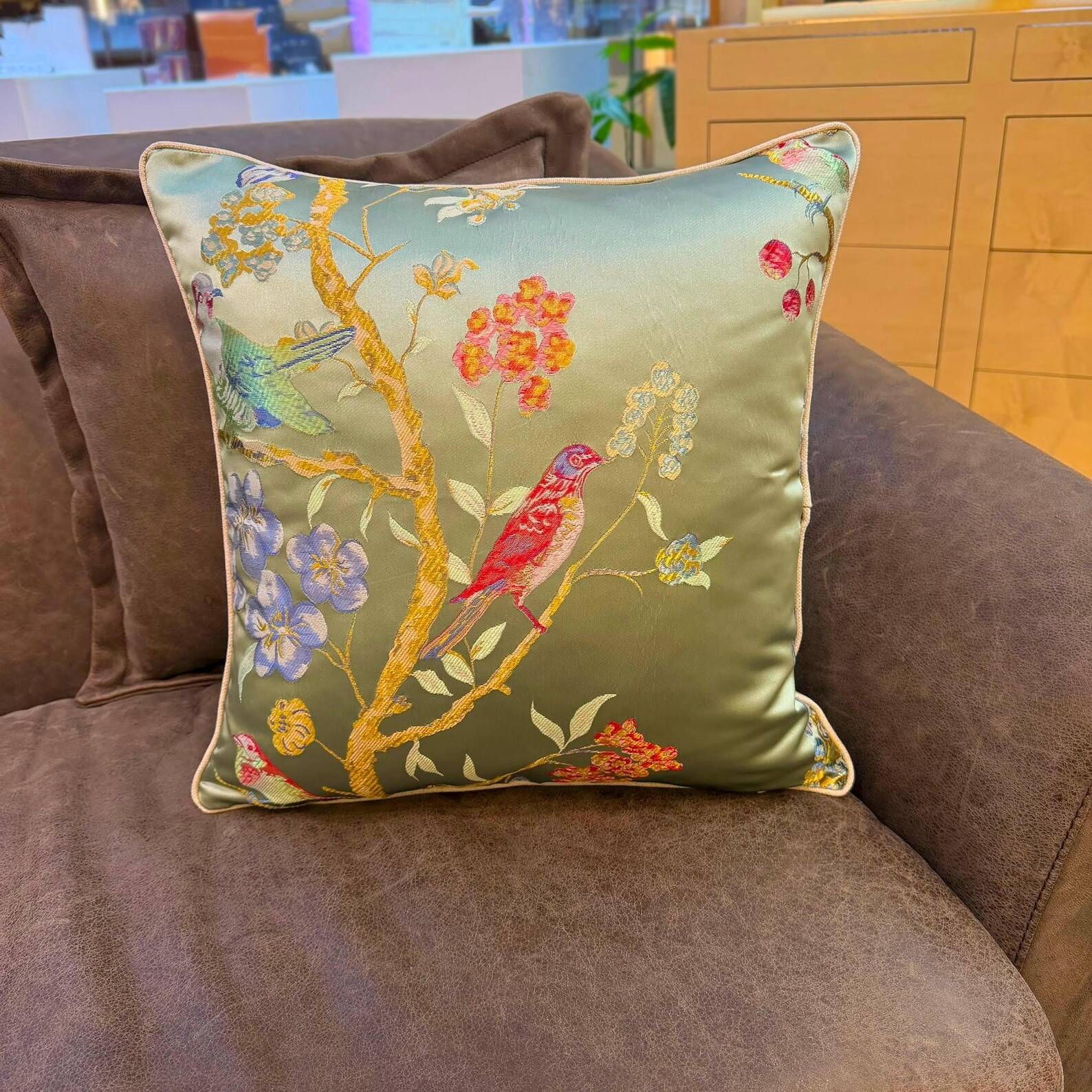 Chinoiserie Bird Cushion Cover, Cream Piped Silk Botanical Pillow
