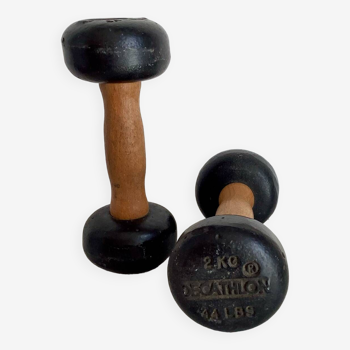 Pair of wooden and cast iron dumbbells
