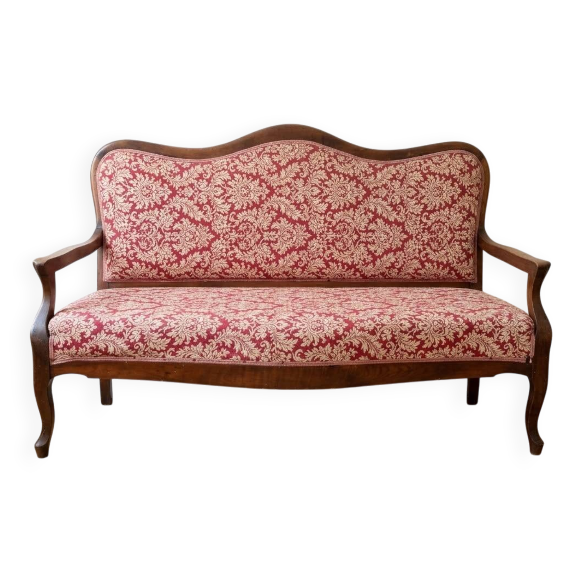 Banquette Louis Philippe en bois et tissu rouge