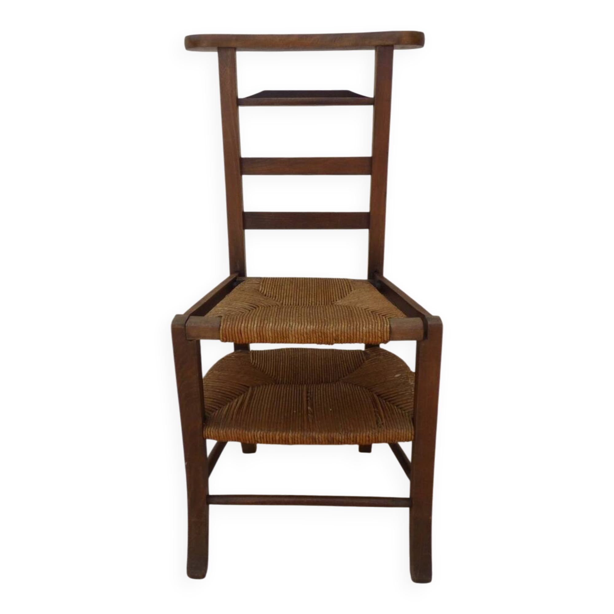 Vintage wooden prayer chair, double woven straw, lift-up seat