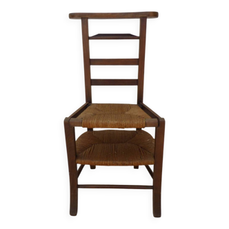 Chaise de prière vintage en bois, paille tressée double, siège relevable