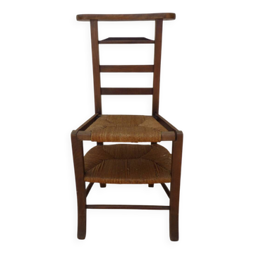 Chaise de prière vintage en bois, paille tressée double, siège relevable