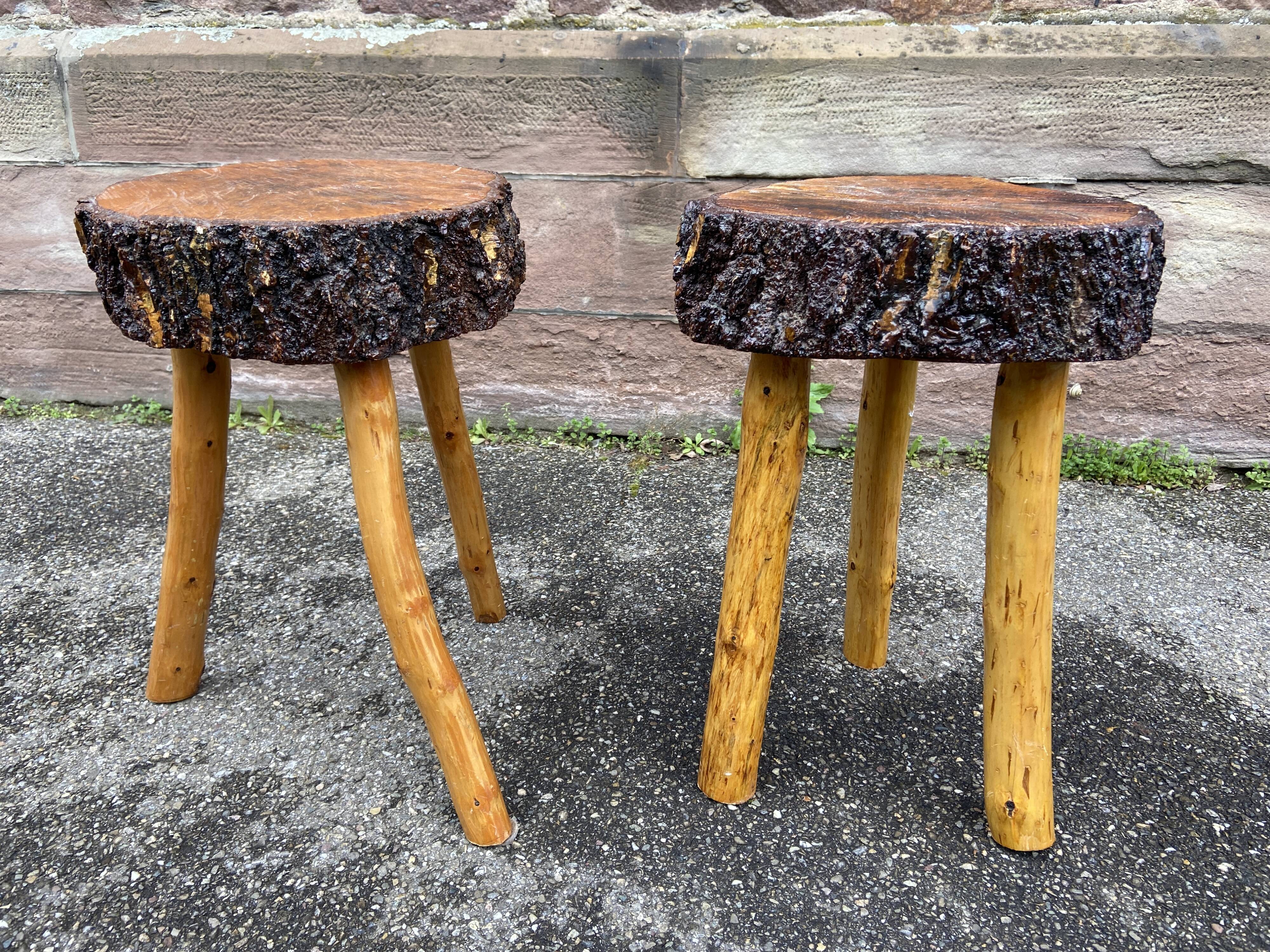 pair of rustic tripod farm stools 1950 brutalist wooden vintage French stool