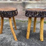 pair of rustic tripod farm stools 1950 brutalist wooden vintage French stool