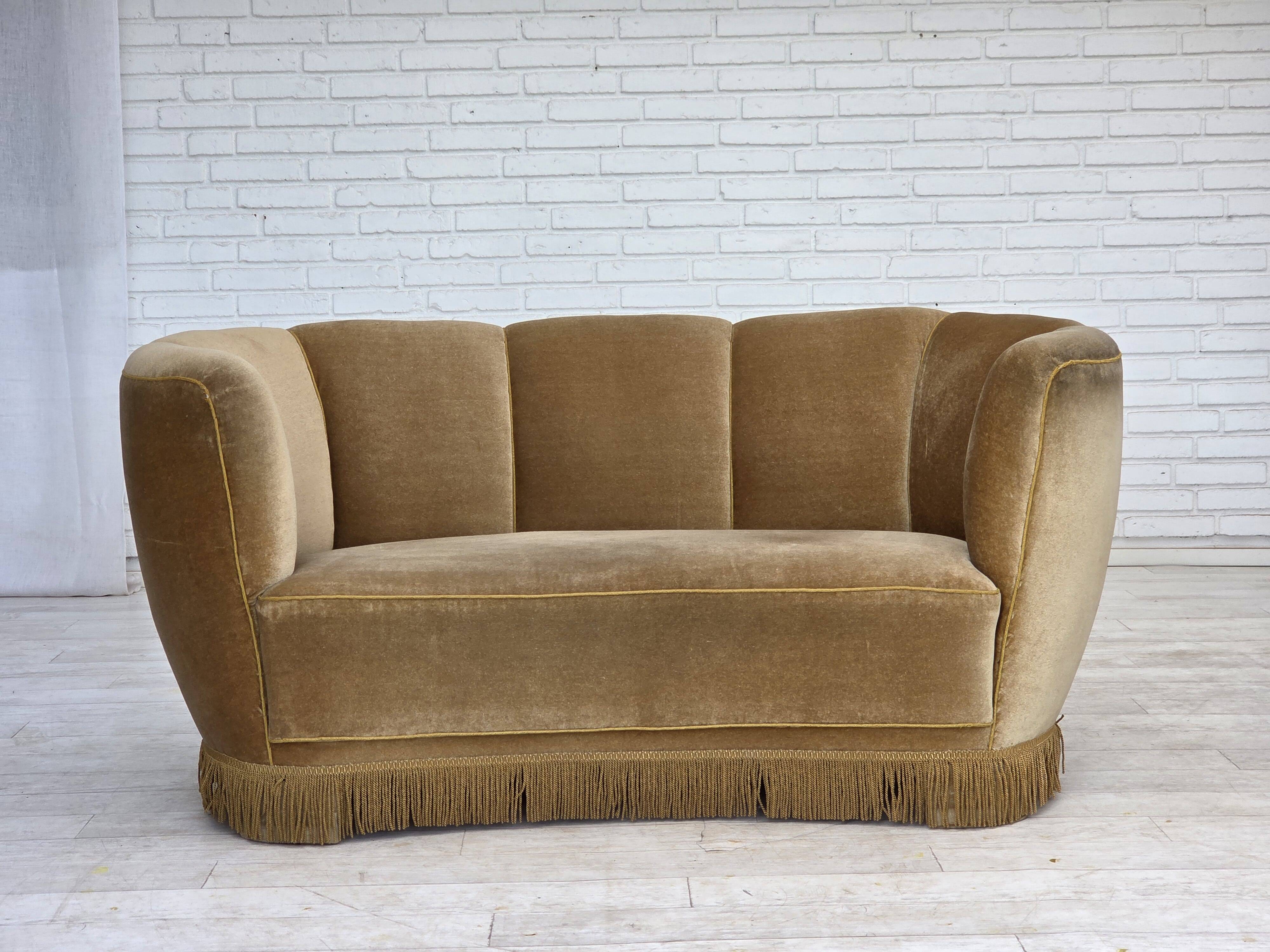 1960s, Danish "Banana" 2-seater sofa, green furniture velour, oak wood.