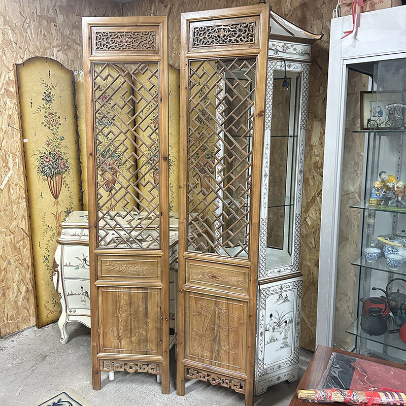 Set of 2 Vietnamese panels with geometric lattice.