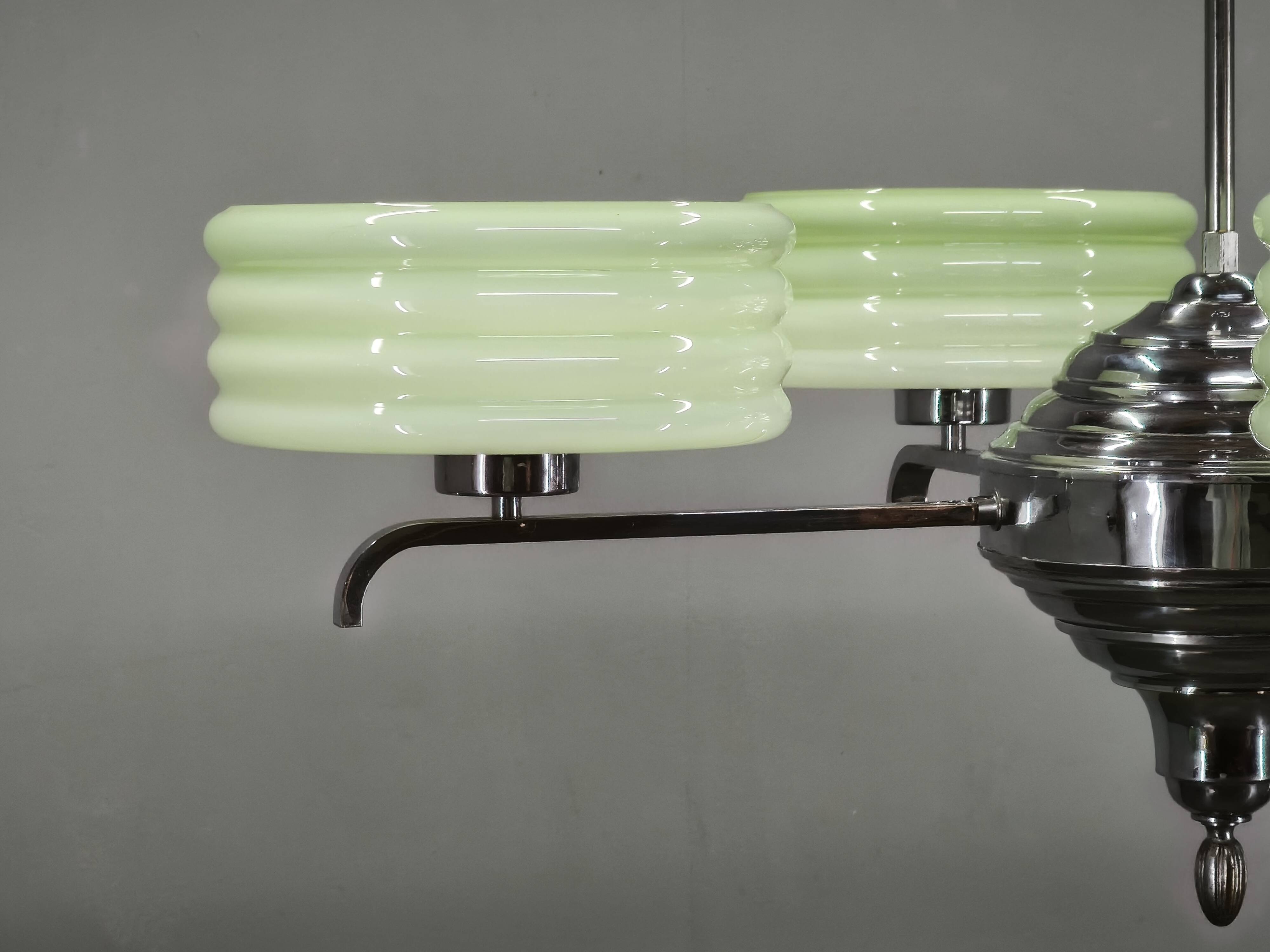 Art Deco Green Opaline Glass Chandelier, Czechoslovakia 1930s