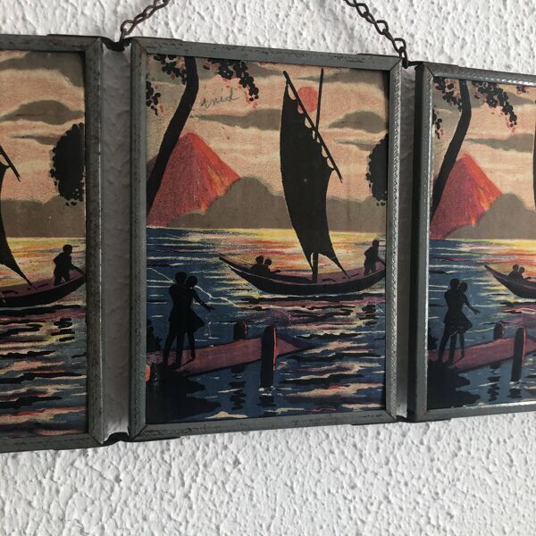 Miroir vintage 1940 triptyque barbier coiffeur bateau mer - 16 x 37 cm