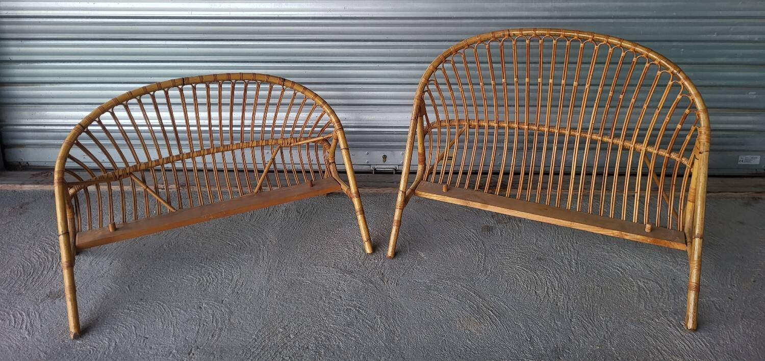 Bed in 2 parts, head and foot, or vintage rattan bench.