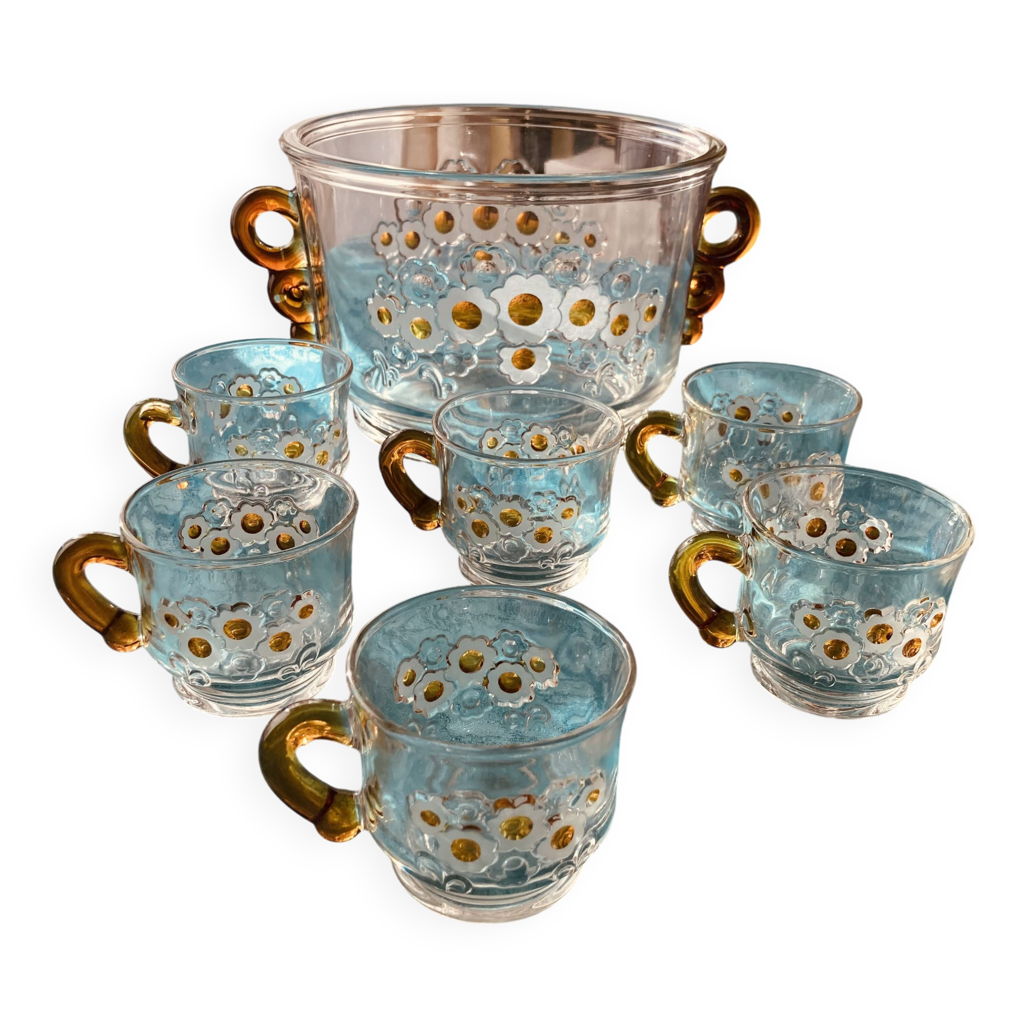 Vintage Walther punch bowl set + 6 floral cups - 1970s