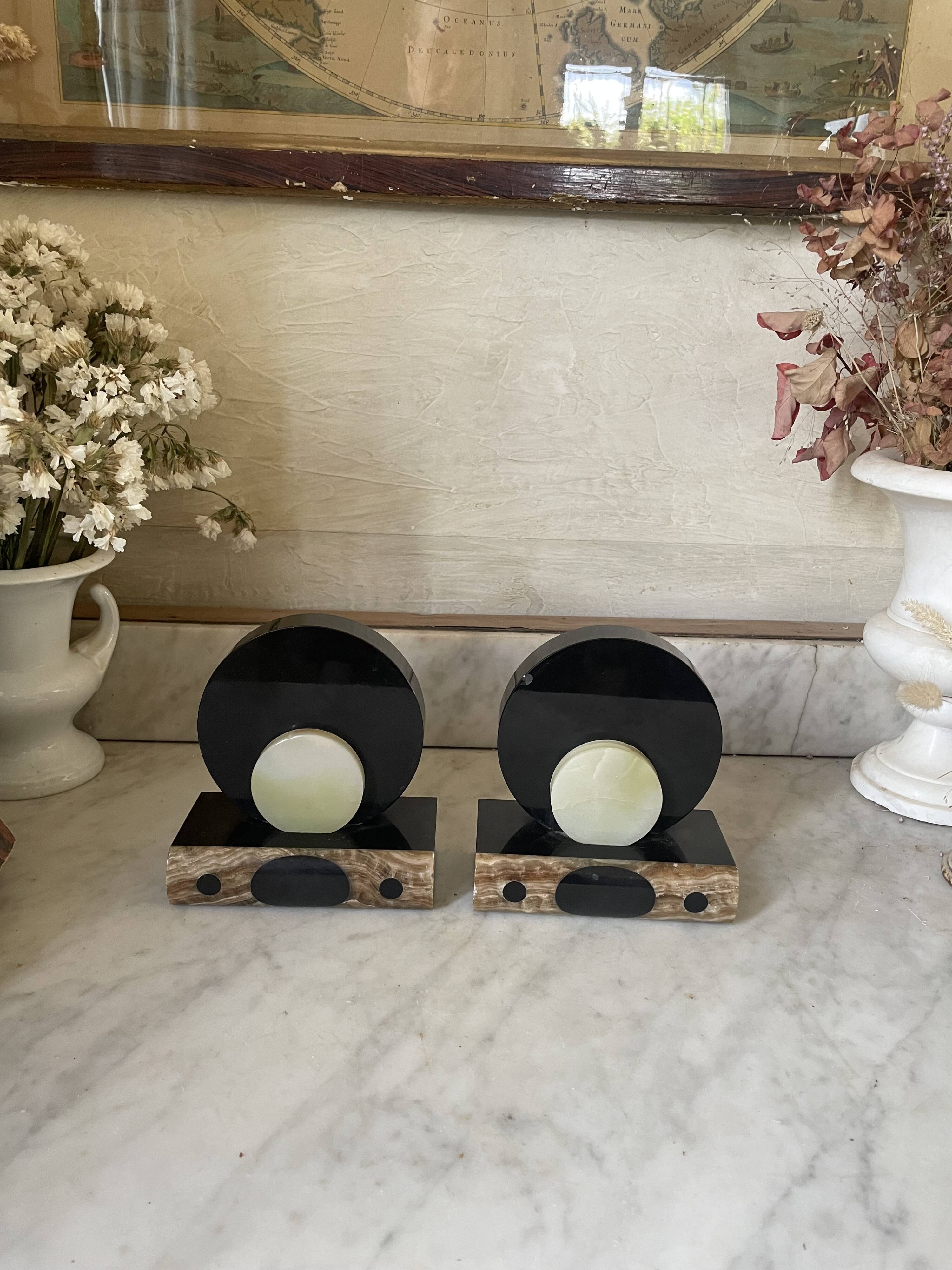 pair of marble and onyx Art Deco bookends