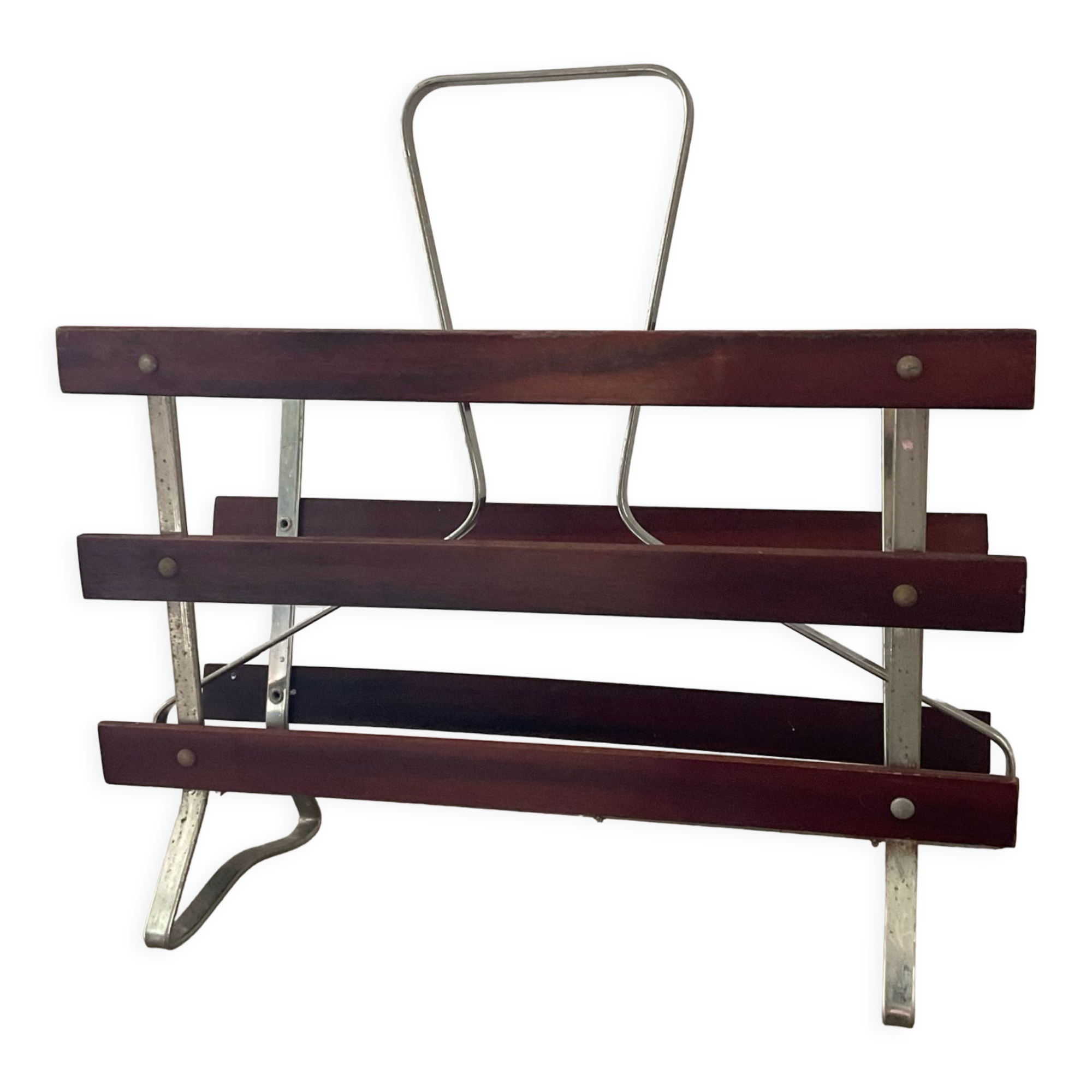 Vintage magazine rack in wood and aluminum