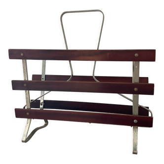 Vintage magazine rack in wood and aluminum