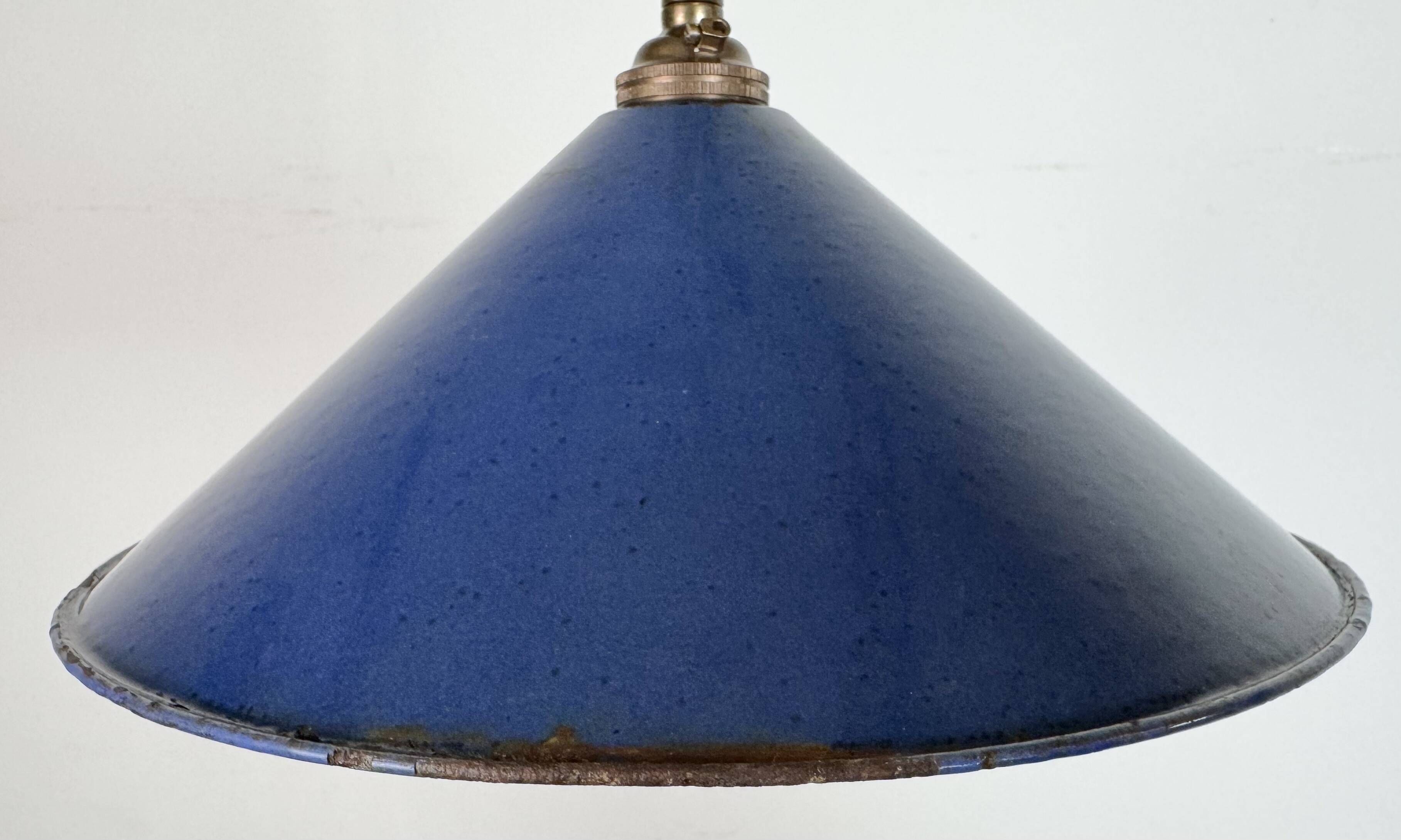 Industrial British Blue Enamel Factory Pendant Lamp, 1950s