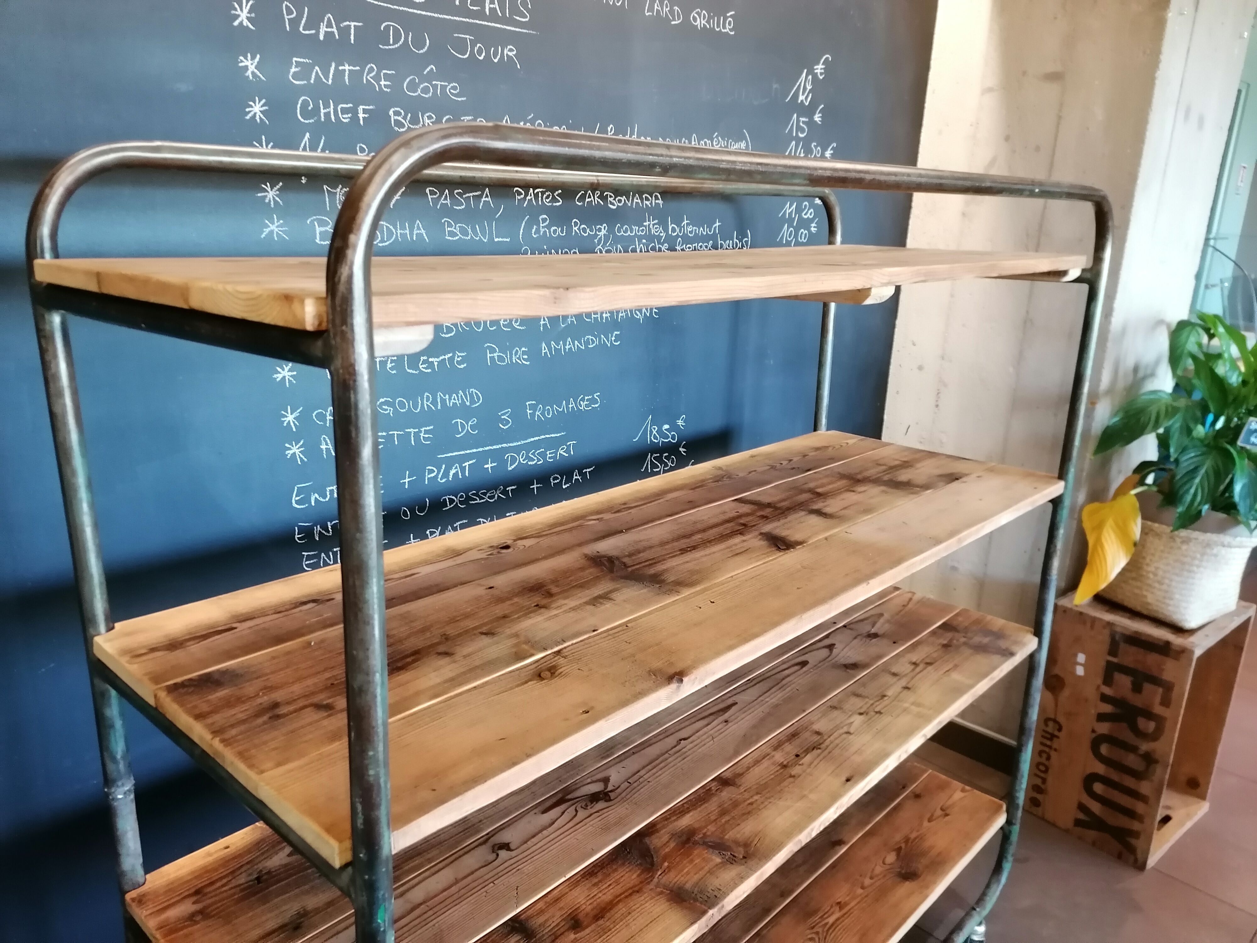Steel and wooden shelf on wheels