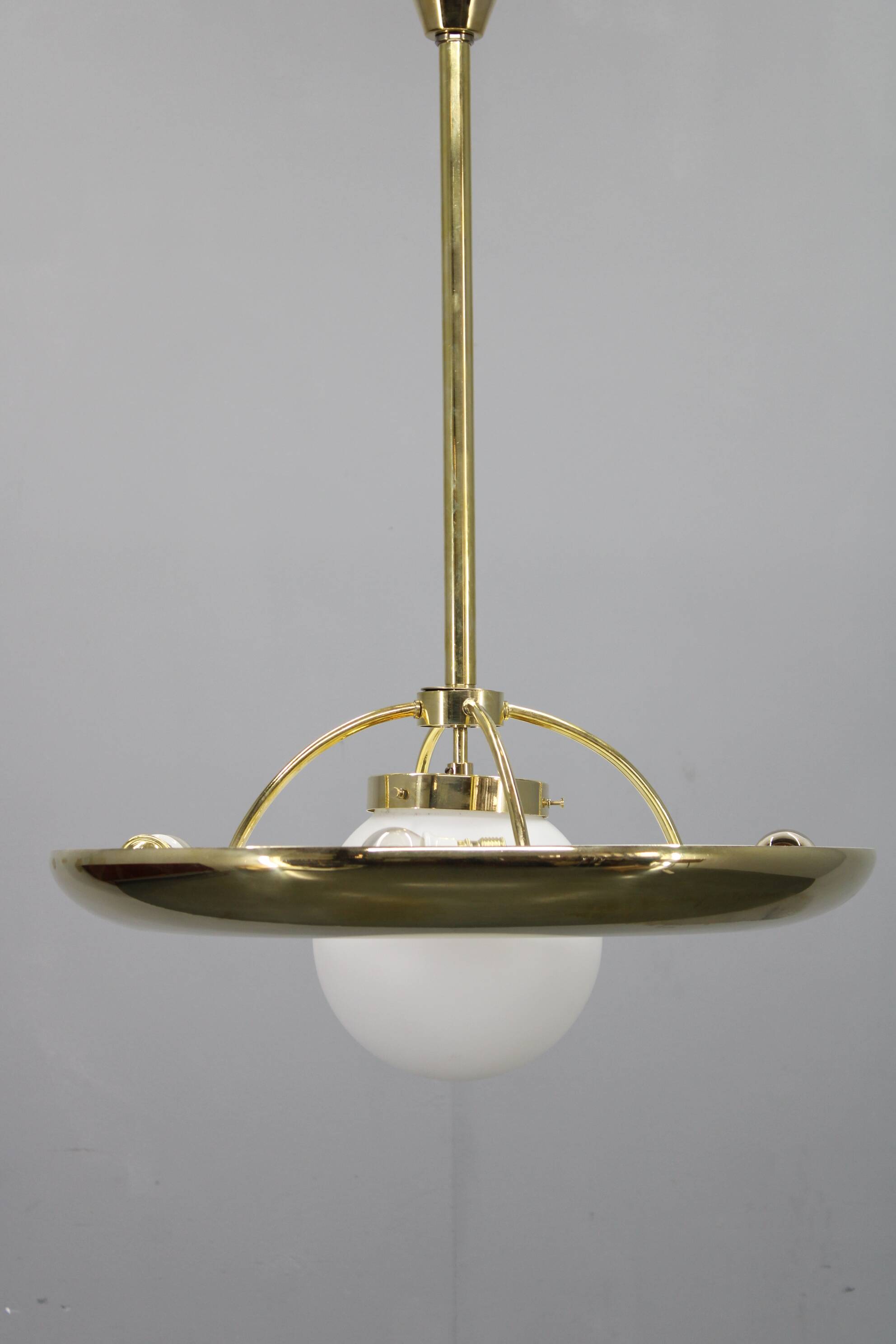 Art Deco brass chandelier with white glass, Czechoslovakia 1930s
