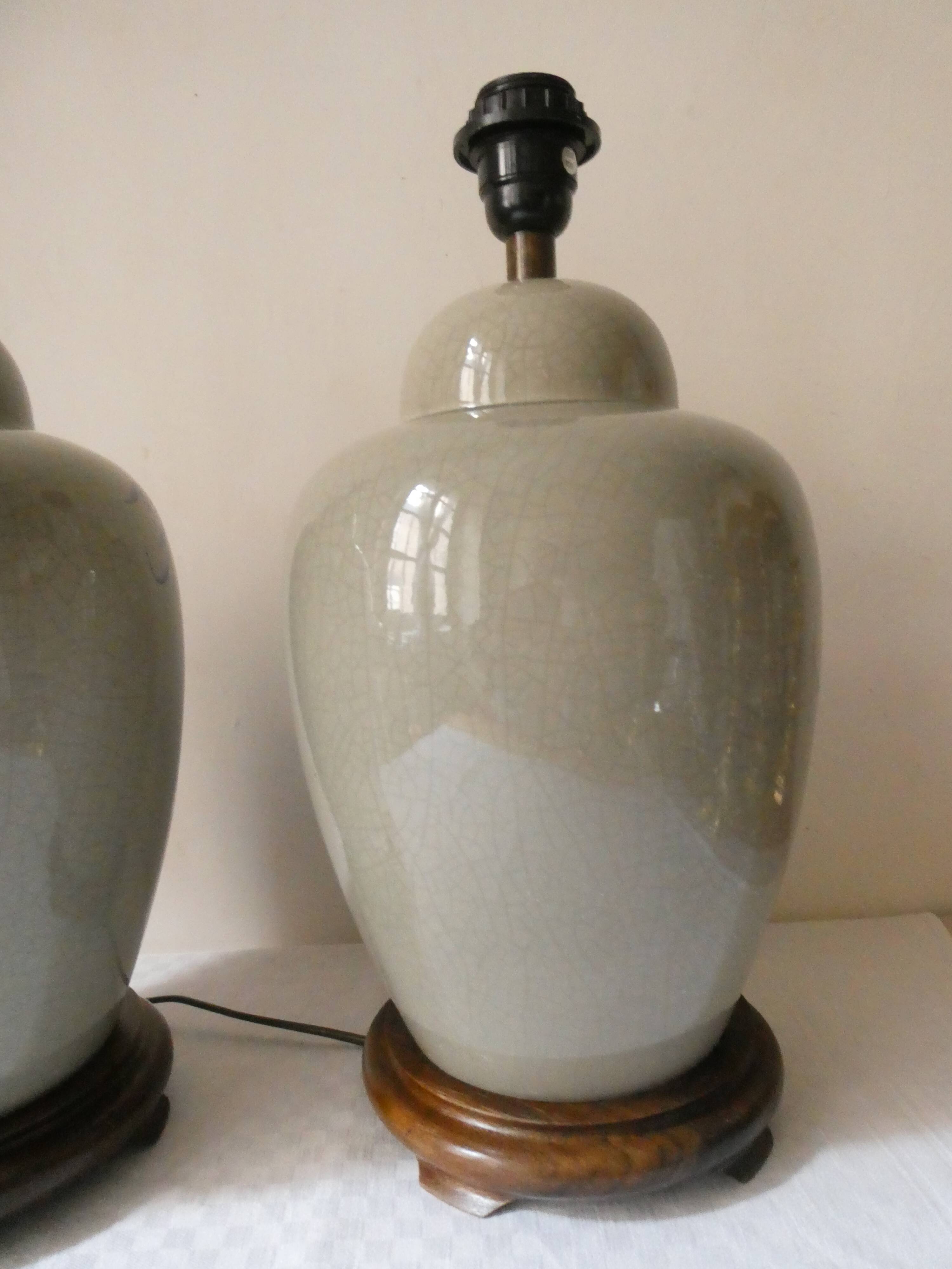 Pair of celadon crackle ceramic lamp bases decorated with flowers.