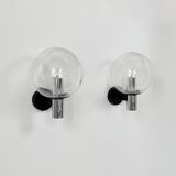Pair of vintage XL wall lights, chrome metal and bubble glass, France, 1970.
