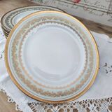 Set of 8 PL France porcelain dinner plates, water green marli and frieze