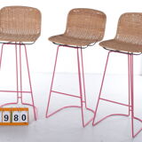 Italian set of 3 bar stools with cane and metal by Cidue, 1980s