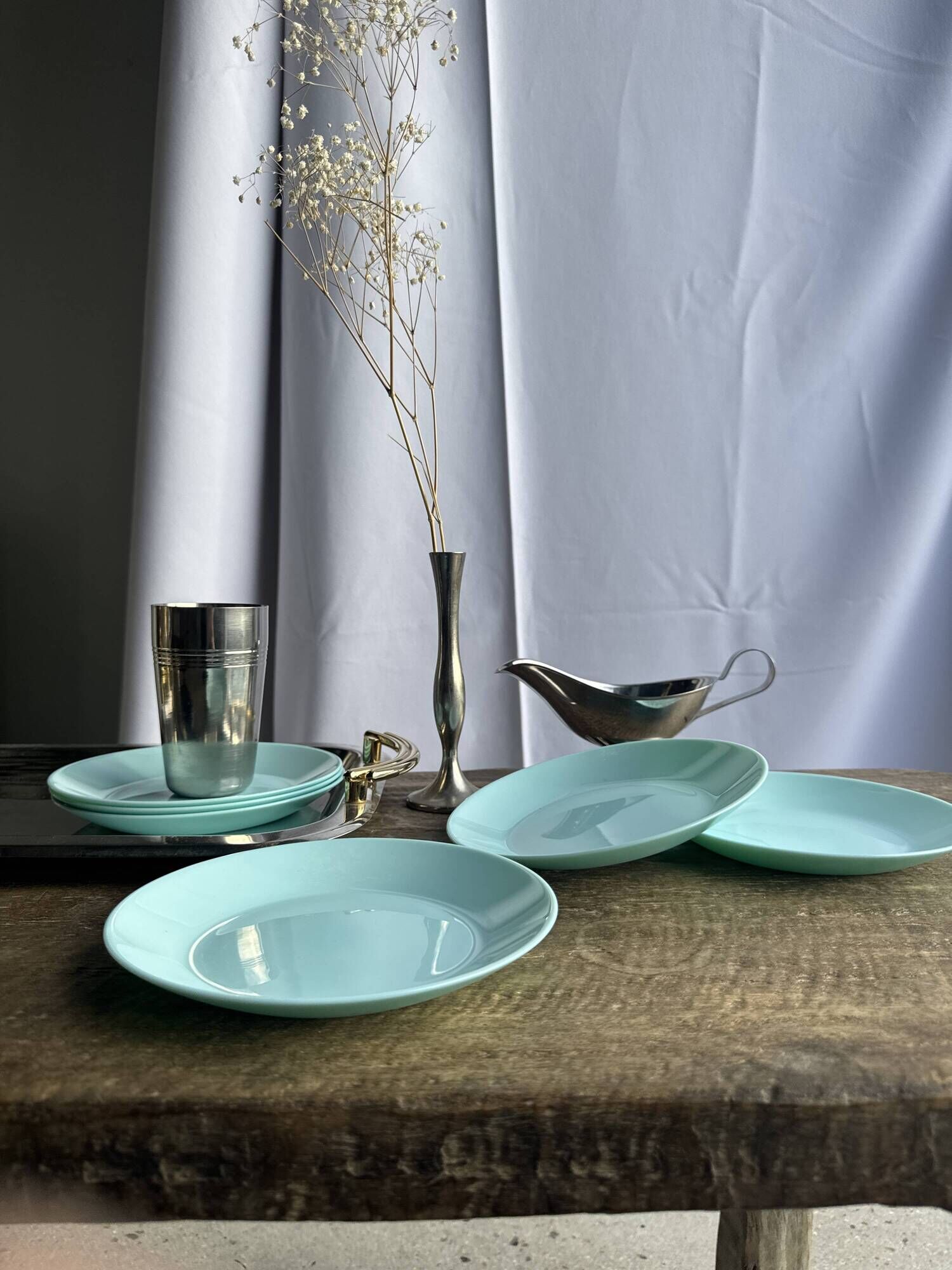 Set of 6 vintage turquoise blue dessert plates D18