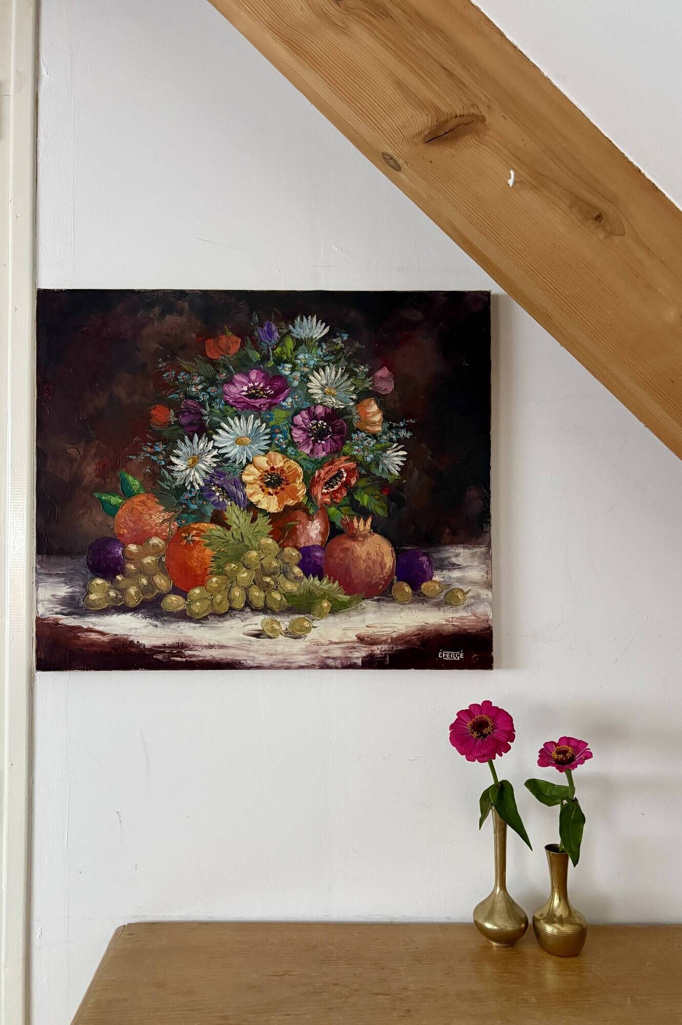 Old painting, still life of flowers and fruits.