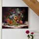 Old painting, still life of flowers and fruits.
