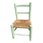 Chaise enfant en bois vert menthe et paille vintage