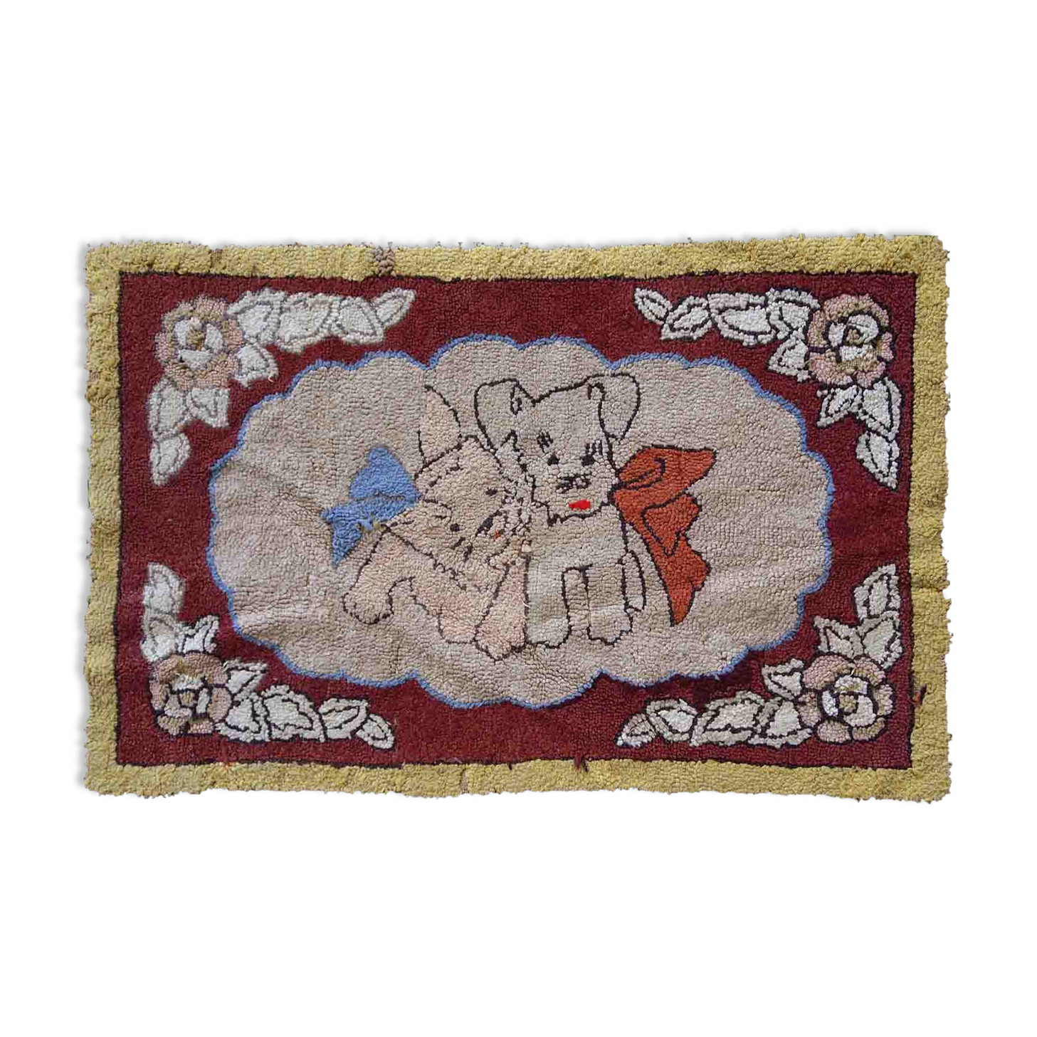 Old American Carpet Hooked handmade 55cm x 87cm 1930s, 1C458