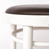 Vintage Thonet Stool – White Lacquered Wood & Brown Leather – 1990s–2000s