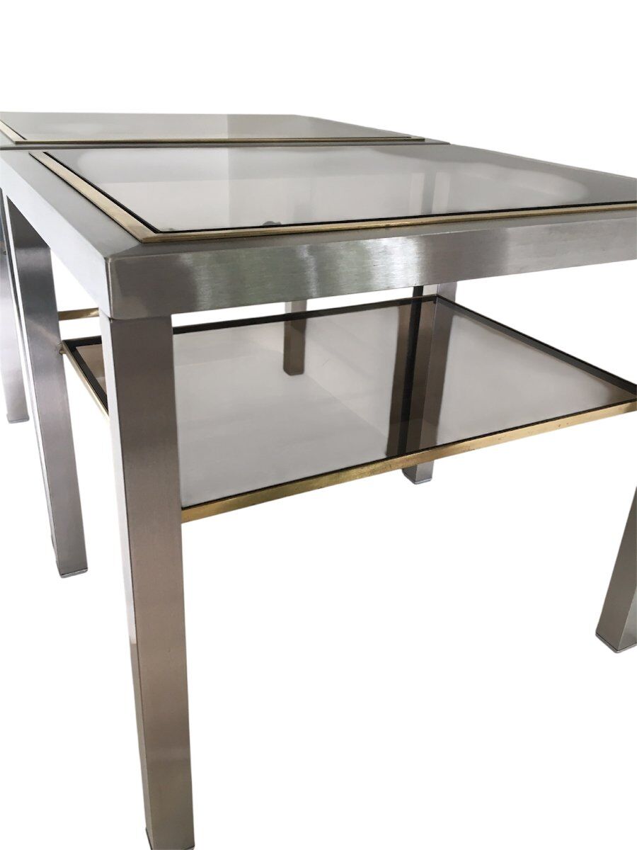 Pair of Brushed Steel Side Tables, Smoked Glass by Guy Lefèvre