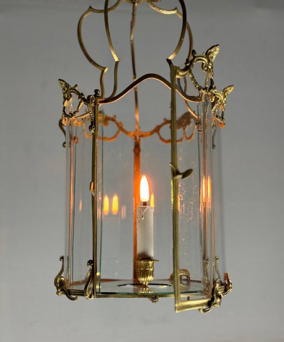 Gilt bronze lantern, original curved glass, circa 1900